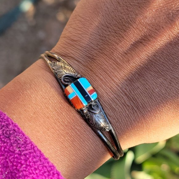 Jewelry - Native American 925 sterling silver square inlay squash blossom vintage bracelet